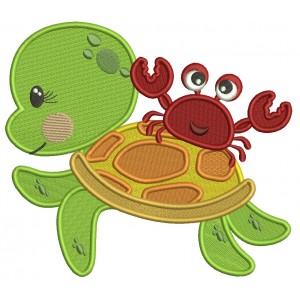 Crab Sitting On The Turtle Filled Machine Embroidery Design Digitized Pattern